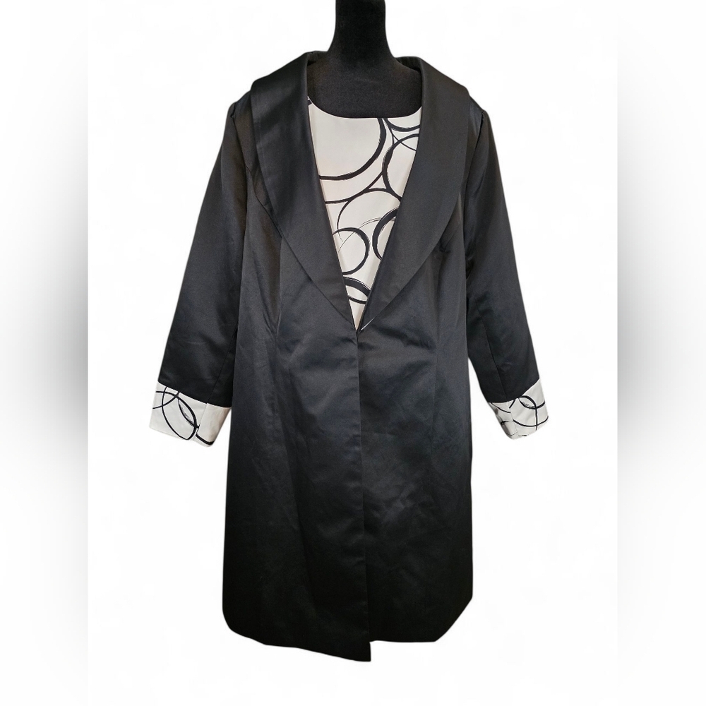 Midnight Velvet Black & White Circle Print Dress & Coat Set 24W Plus Evening
